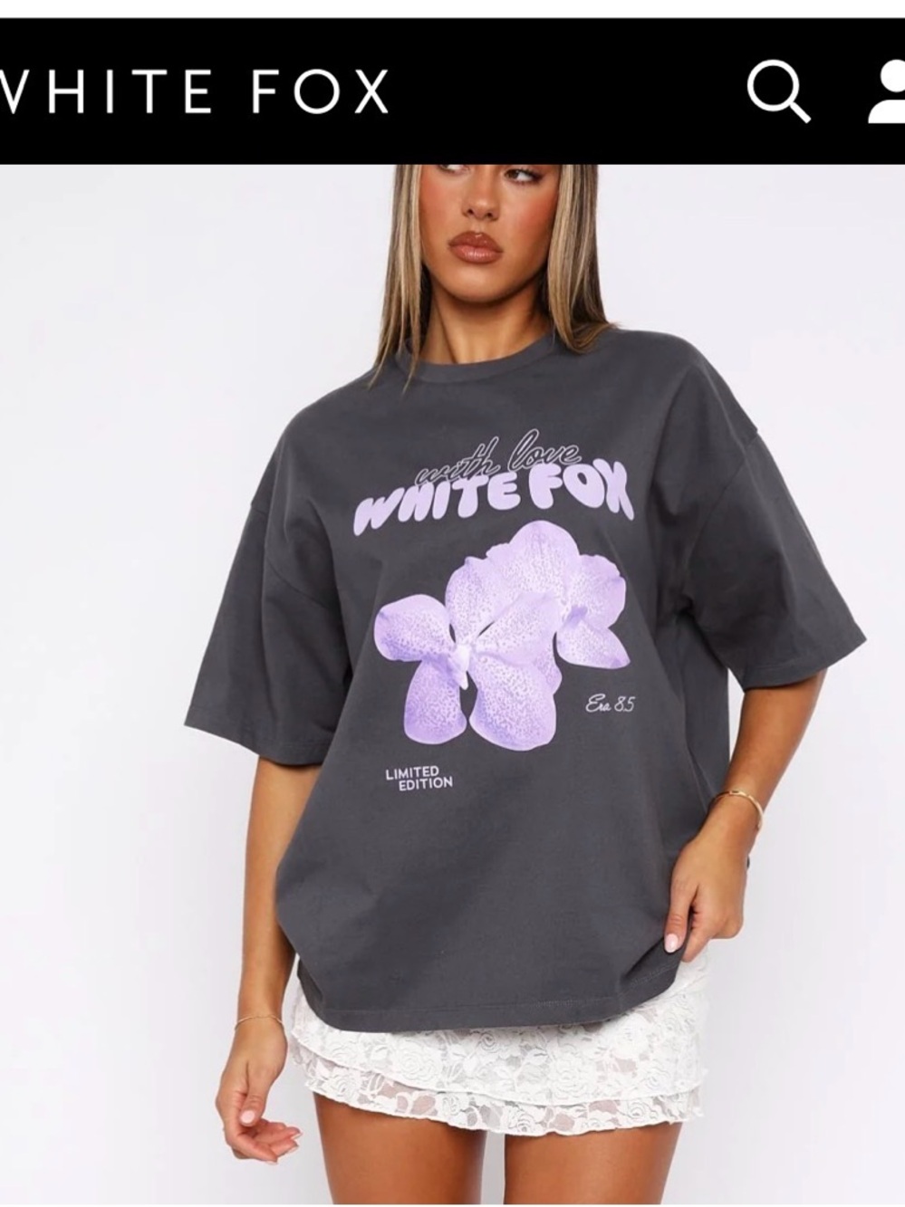 White Fox Charcoal Graphic Tee with Lilac Floral Print